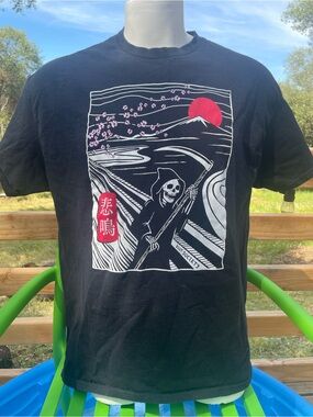 RIOT Society Grim Reaper Black Tee with Red Sun & White and Pink Cherry blossoms
